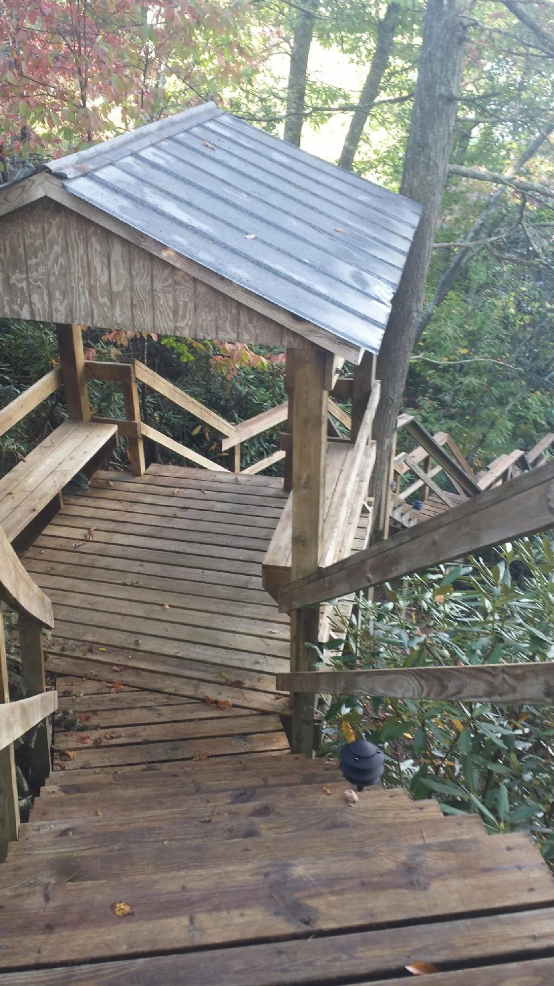Metal roofed shelter over wooden steps on a wooded walkway — Skylight Repair & Installation work by our crew in Kemp
